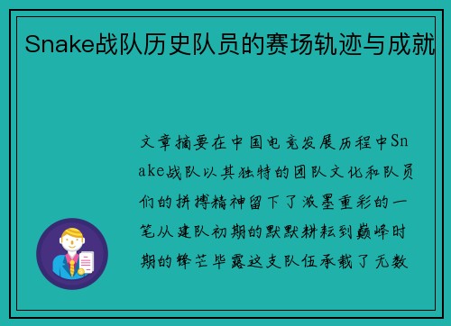 Snake战队历史队员的赛场轨迹与成就