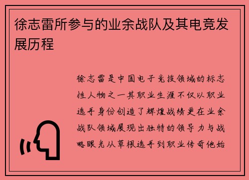 徐志雷所参与的业余战队及其电竞发展历程